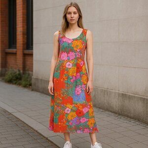 Jams World Red Tropical Floral Dress Sleeveless Pockets Summer Resort Medium